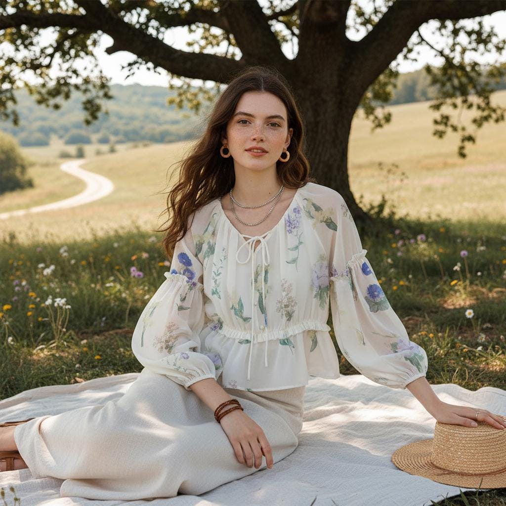 Women's Floral Country Style Ruffled Top