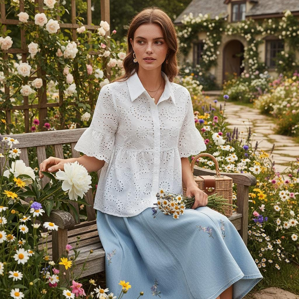 Romantic white collar country style openwork shirt