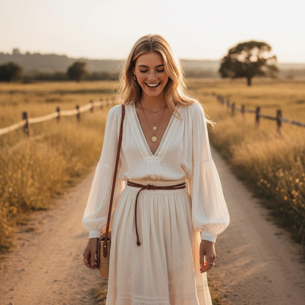 V-neck white pastoral style puff sleeve top