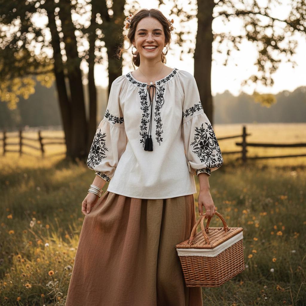 White country-style tie-neck top