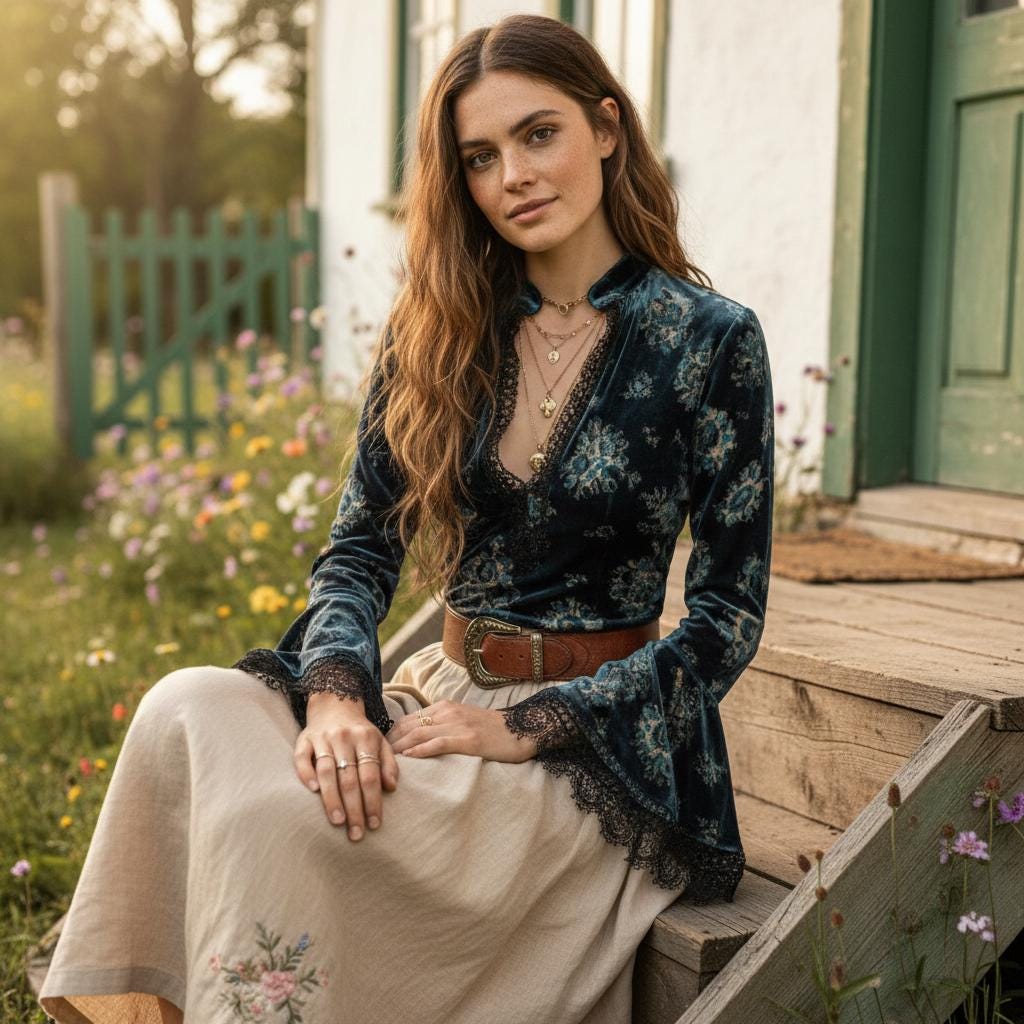 Retro floral dark pastoral V-neck shirt